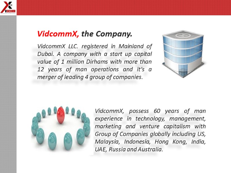 VidcommX LLC. registered in Mainland of Dubai. A company with a start up capital